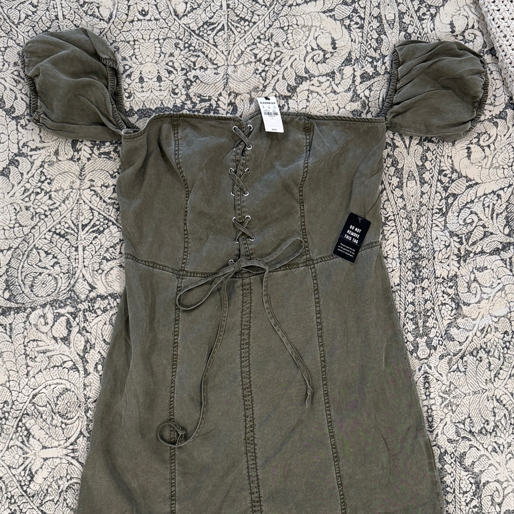 Express Strapless Olive Dress with Lace-Up Front